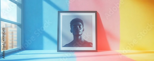 A framed photo of a man in a colorful room with sunlight.