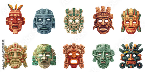 Old Aztec or African tribal wooden and stone decorative masks set. Tiki masks. Totem statues in form of faces of tropical deities. Cartoon style isolated vector clipart collection
