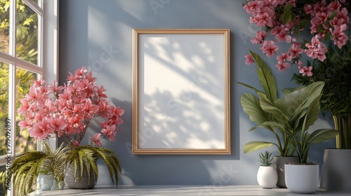 Blank picture frame mockup with flowers and plants, sunlight shining through window