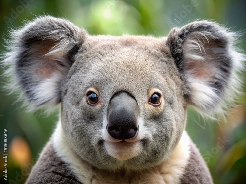 Adorable koala with large round head, big furry ears, and black nose, showcasing grey-brown fur with white accents on chest, inner arms, ears, and bottom. photo