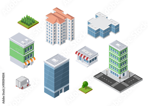 Set of isometric buildings representing modern city with skyscrapers and stores