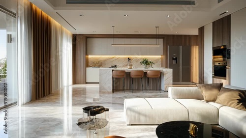 Modern living room and kitchen design in a luxury apartment with natural light in the afternoon