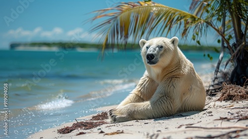 Caught under the scorching sun of a beach, the discomfort visible on a polar bear's face signifies the catastrophic impact of global warming. photo