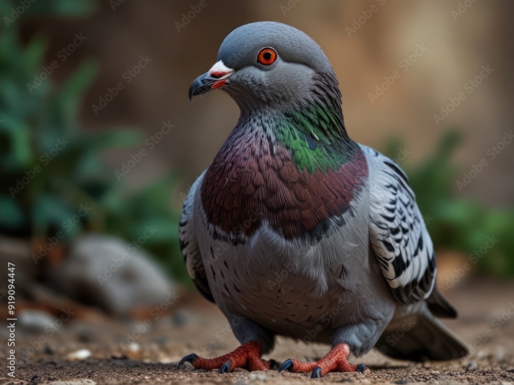 Close-Up of a Colorful Pigeon with Vibrant Plumage in Urban Setting Close-Up of a Colorful Pigeon with Vibrant Plumage in Urban Setting
