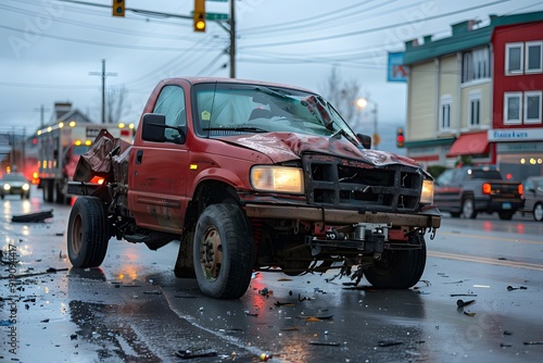 Damaged Red Pickup Truck After Collision on Rainy Street