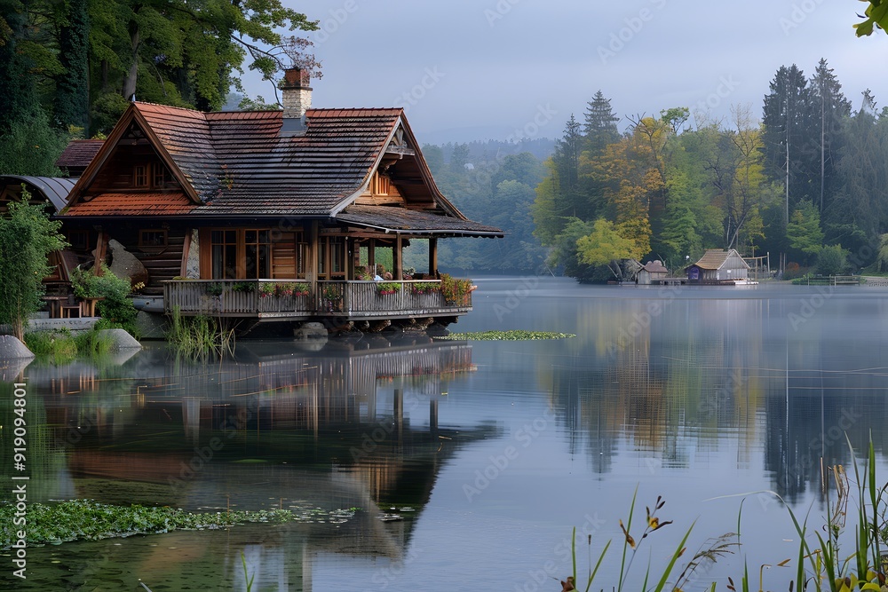 Naklejka premium Tranquil Lakeside Retreat: A Charming Wooden Cabin Surrounded by Nature