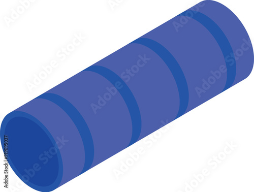 Blue plastic pipe lying diagonally with stripes is isolated on white background