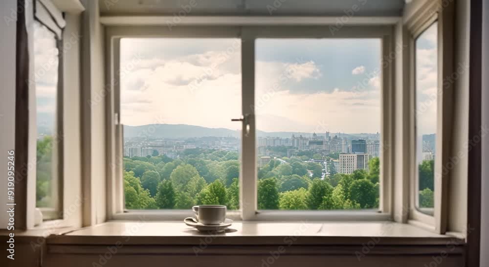 View of nature in the city nearby through the window while enjoying a cup of coffee Seamless looping time lapse virtual video animation background 4k animation View of nature in the city nearby through the window while enjoying a cup of coffee Seamless looping time lapse virtual video animation background 4k animation