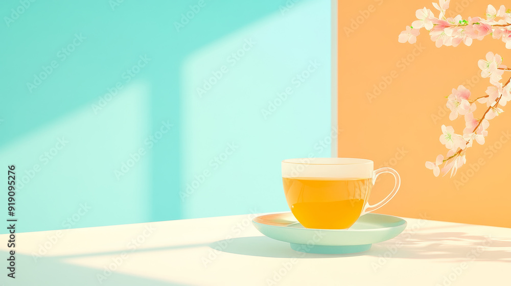 Obraz premium a bowl of tea is next to a bowl of green tea, soft, muted tones, drinking tea with chinese style decorations