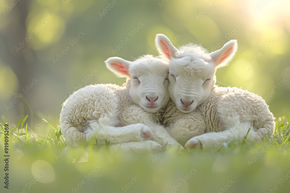 Obraz premium Adorable Twin Lambs Snuggling in a Sunlit Meadow