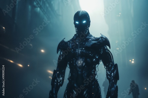 Futuristic Cybernetic Robot in Dark Sci-Fi City with Glowing Eyes and Advanced Armor