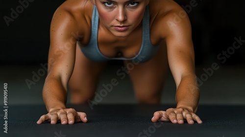 Closeup of a woman s sculpted abs as she holds a plank position, emphasizing core endurance and muscle toning, fitness, core endurance and toning