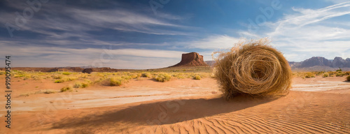 A large tumbleweed rolls across a vast desert landscape under a clear blue sky, capturing the essence of solitude, desolation, and the harsh beauty of the desert environment.