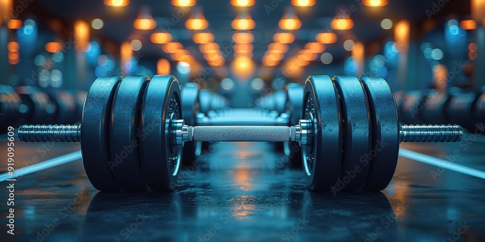 Fototapeta premium Black Dumbbell on a Gym Floor