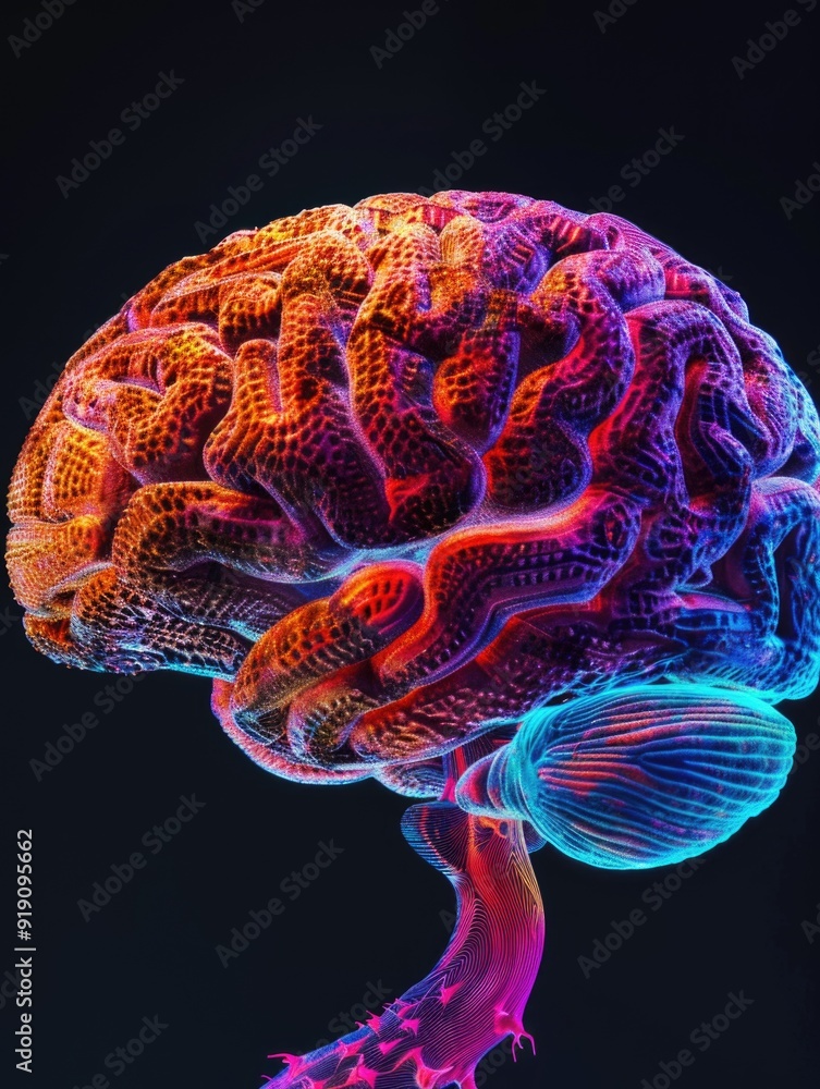 Vibrant scientific illustration of human brain with detailed circulatory system Vibrant scientific illustration of human brain with detailed circulatory system