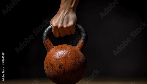 Detailed view of a woman s hand gripping a kettlebell midswing, emphasizing toned arms and focused energy, fitness, cardio and muscle toning