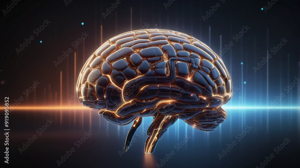 Futuristic AI Brain Concept: Digital Neural Network Visualization in High-Tech Environment Futuristic AI Brain Concept: Digital Neural Network Visualization in High-Tech Environment