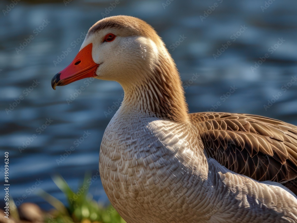 Serene Goose by the Water with Detailed Feathers in Sunlight