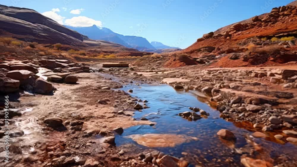 A dry riverbed with a small stream of water running through it. The ...