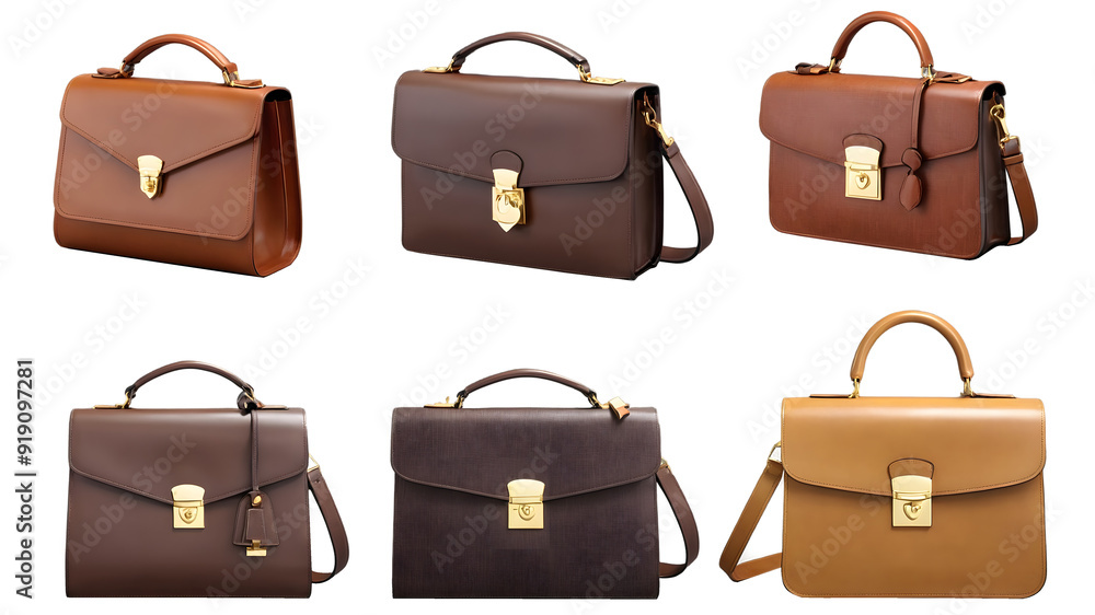 A collection of elegant leather bags, each featuring a distinct style and design, displayed against a transparent background. A collection of elegant leather bags, each featuring a distinct style and design, displayed against a transparent background.
