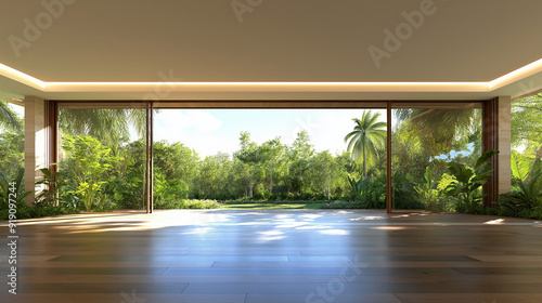 Create a photorealistic image of A beautiful tropical home with large windows facing lush gardens  realistic photo style  ultrarealistic  natural lighting  detailed textures  clear sky.