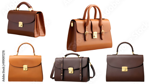 A collection of elegant leather bags, each featuring a distinct style and design, displayed against a transparent background. 