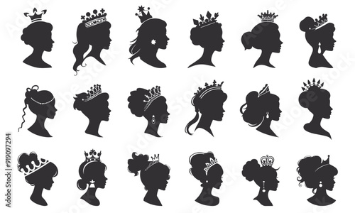 Princess profile portraite silhouettes set. Head with crown and different hair styles. Pretty woman black and white heads side view with tiara diadem. Coronation fairy tale female character little