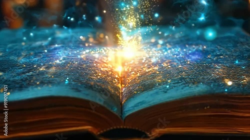A book is open to a page with a blue sky and stars. The sky is illuminated with a bright light, creating a sense of wonder and magic. The book appears to be a fantasy novel