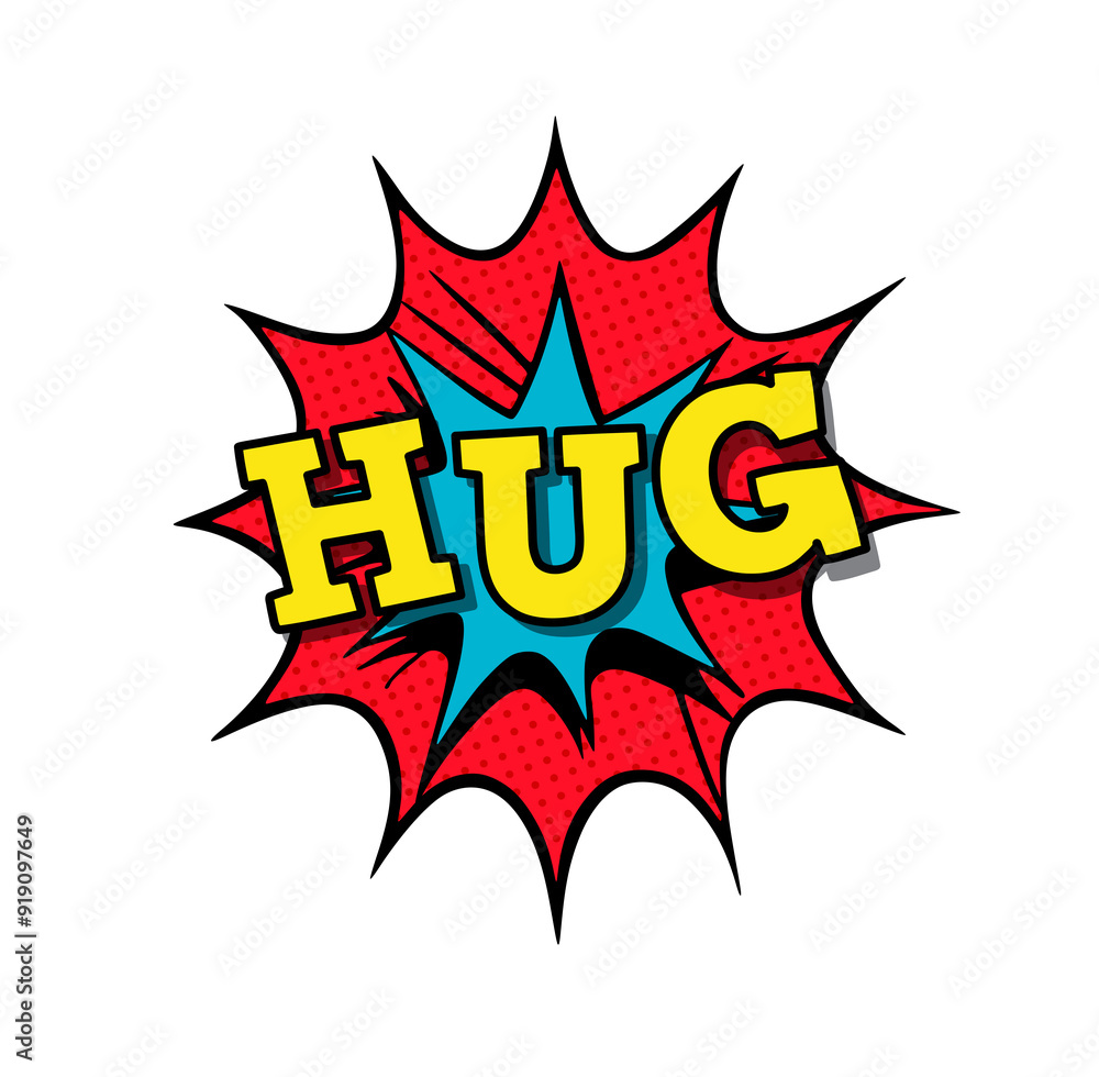 Hug comic book style word expressing positive feelings Hug comic book style word expressing positive feelings