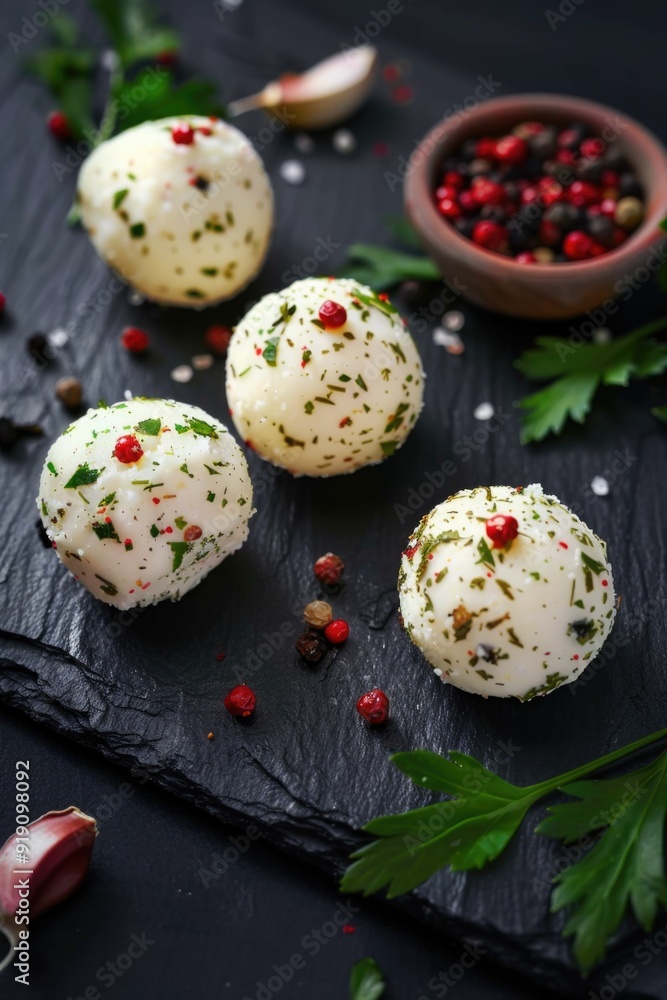 Delicious cheesy balls on a black slate surface, garnished with red pepper and herbs. Delicious cheesy balls on a black slate surface, garnished with red pepper and herbs.