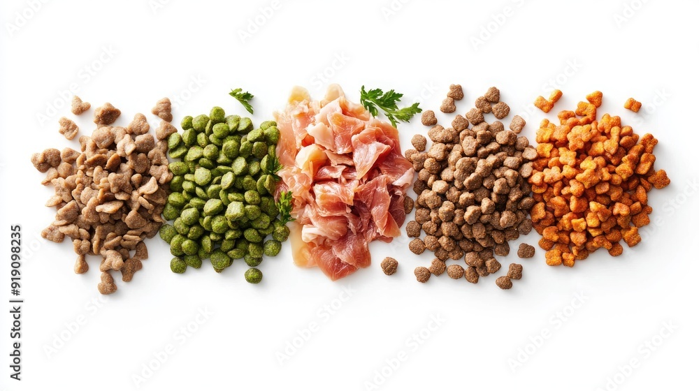 A variety of balanced pet food options, both wet and dry, displayed on an isolated white background, showcasing their nutrient-rich ingredients. A variety of balanced pet food options, both wet and dry, displayed on an isolated white background, showcasing their nutrient-rich ingredients.