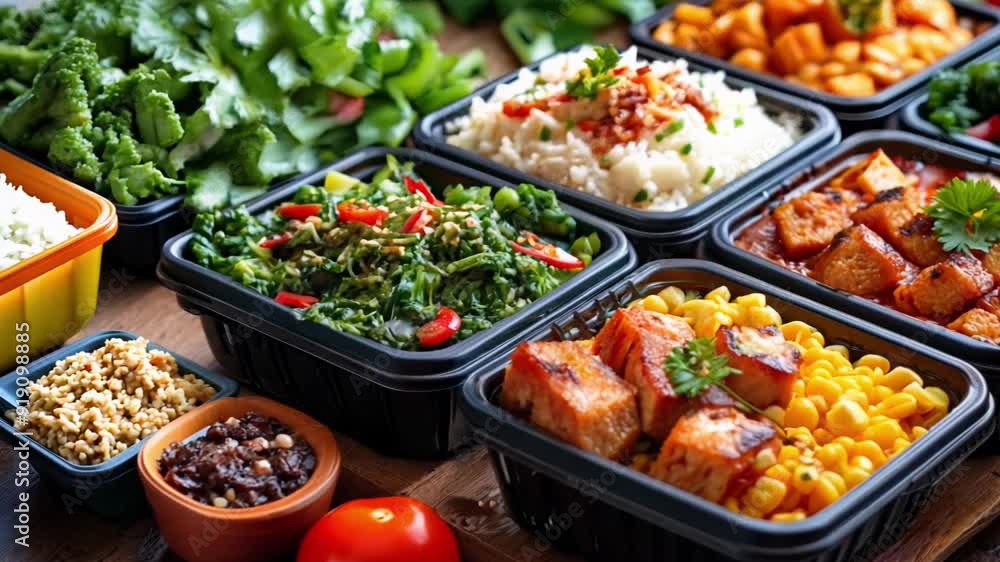 A variety of food is displayed in plastic containers on a wooden table. The food includes chicken, rice, corn, and vegetables. The presentation is colorful and appetizing, making it an inviting meal A variety of food is displayed in plastic containers on a wooden table. The food includes chicken, rice, corn, and vegetables. The presentation is colorful and appetizing, making it an inviting meal