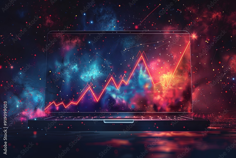 Obraz premium Cosmic Data Visualization: A Laptop Displaying a Rising Graph in a Stellar Background