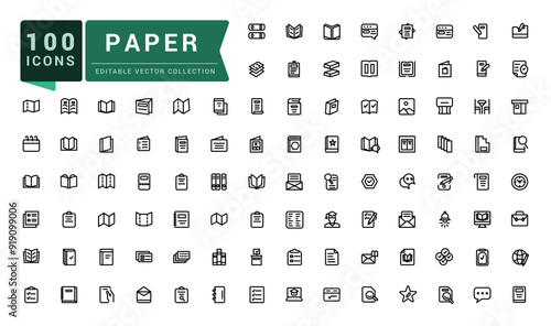 Paper line icons set. Related to flyer leaflet, catalogue, booklet, magazine, letterhead. Pixel perfect, minimalistic web and UI icon. Outline icon collections.