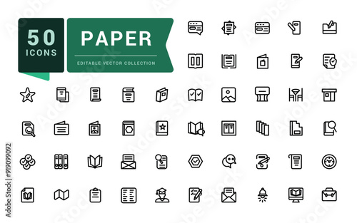 Paper line icons set. Related to flyer leaflet, catalogue, booklet, magazine, letterhead. Pixel perfect, minimalistic web and UI icon. Outline icon collections.