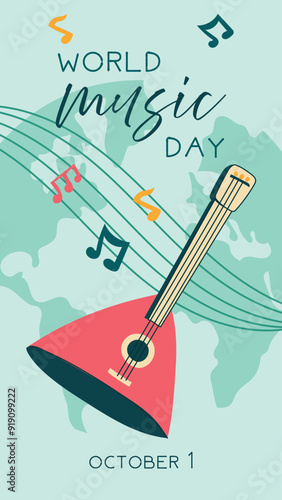 World Music Day poster, vector, text illustration. Flat illustration with balalaika and sheet music for web design. Vertical banner of a pink stringed musical instrument on the ground background