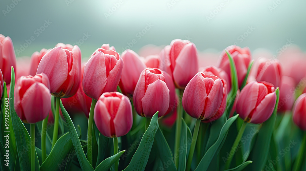 Fototapeta premium A stunning field of pink tulips surrounded by green leaves, capturing the essence of spring's beauty and vibrant colors.