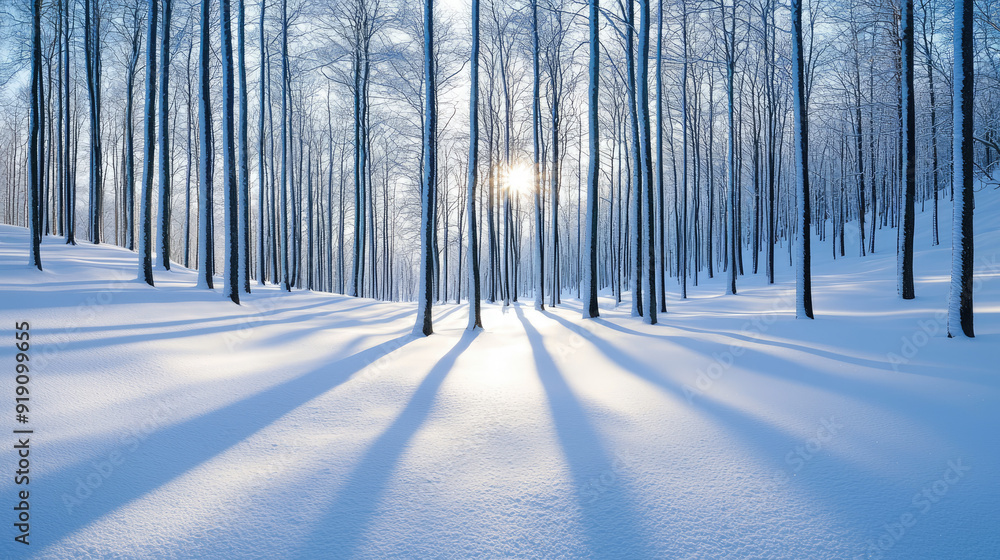 Serene winter landscape featuring tall trees surrounded by fresh snow, with soft sunlight filtering through the branches.
