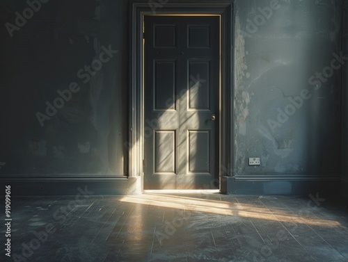 A dramatic scene with a doorway in an old building  bathed in sunlight that casts a stark shadow. The atmosphere is moody and mysterious.