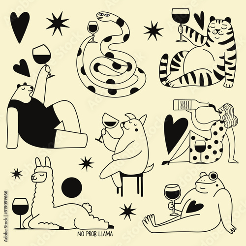 Vector illustration with animals and woman drinking wine.  Celebration party typography print set, greeting card templates, apparel print designs