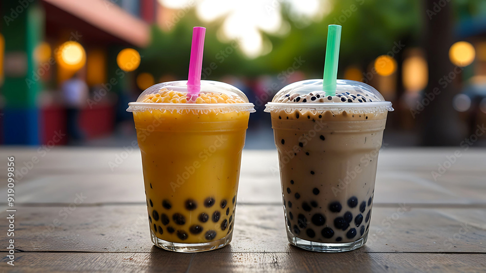 Two colorful bubble tea with creamy milk Two colorful bubble tea with creamy milk