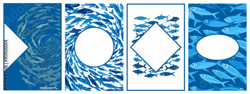 School of fish posters set. Fish shoal twisting into a spiral pattern. Simple shaped blue fish. Place for text. Fish shop or restaurant background. Vector illustration collection