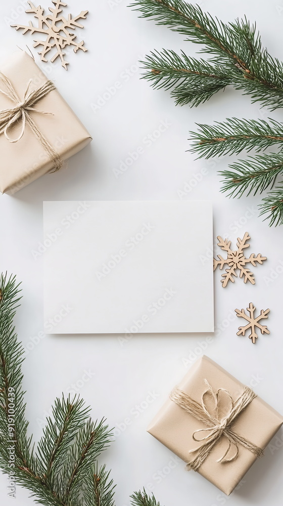 Christmas card mockup. Blank white card with wrapped gift boxes, fir branches, and wooden snowflakes on white background. Vertical 9:16 background with copy space for stories reels, social media posts Christmas card mockup. Blank white card with wrapped gift boxes, fir branches, and wooden snowflakes on white background. Vertical 9:16 background with copy space for stories reels, social media posts