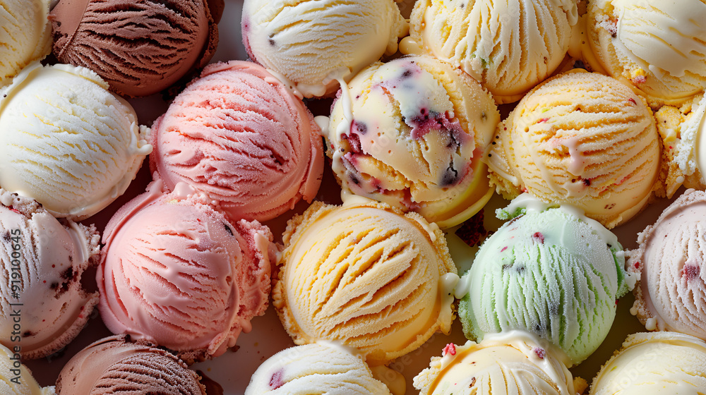Assorted ice cream scoops in various flavors, sweet and delicious dessert, seamless pattern
