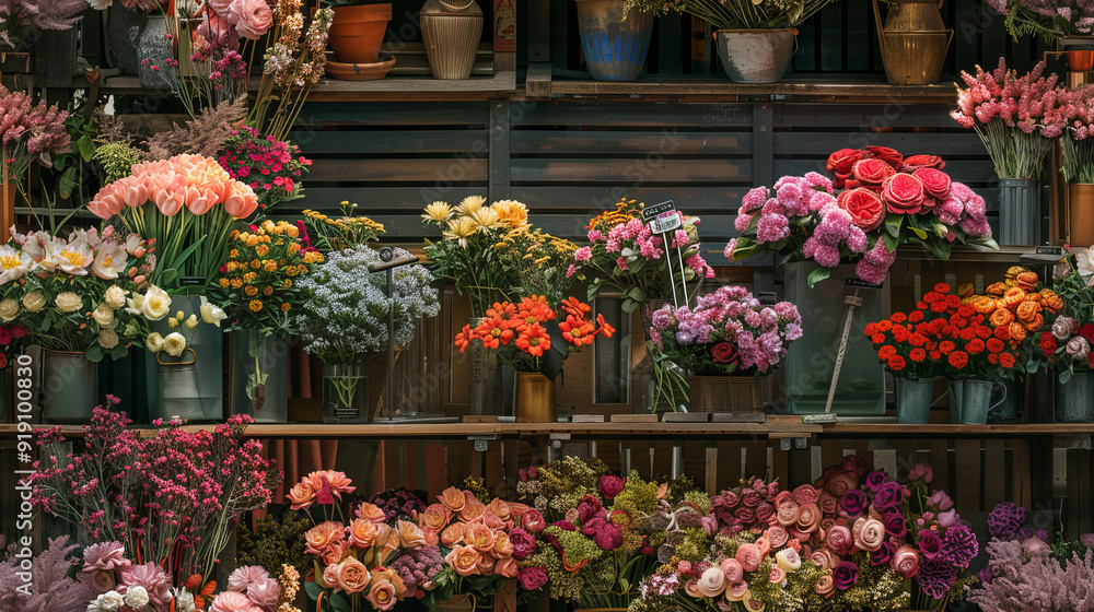 Naklejka premium Variety of flowers on display at florist shop floral market seamless pattern