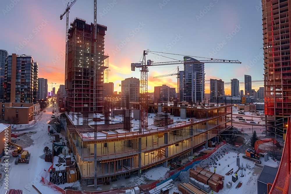 Fototapeta premium Urban Construction at Sunset: A Panoramic View of a Developing Cityscape