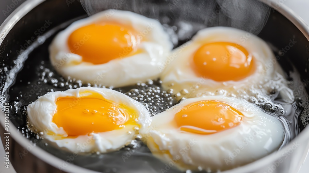 Poached eggs being gently placed in simmering water Poached eggs being gently placed in simmering water