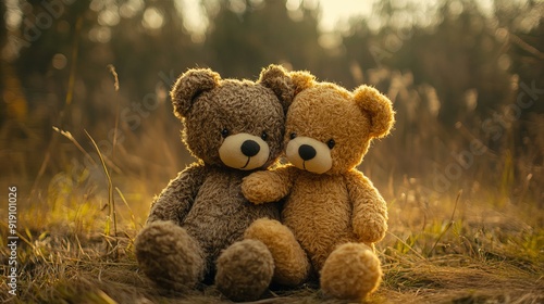 Two teddy bears in a tender relationship