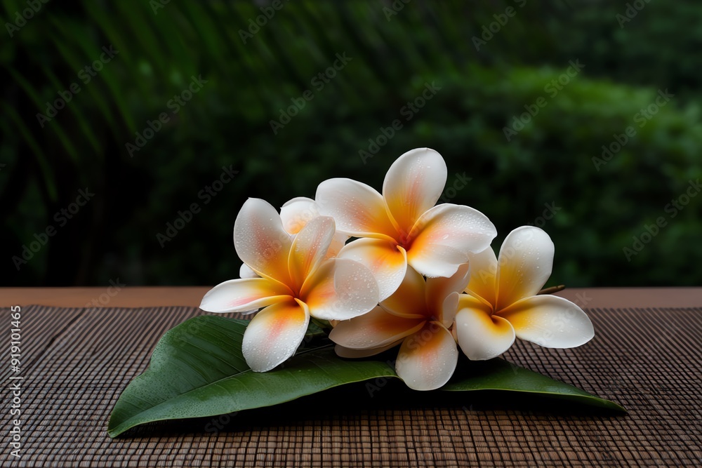 Closeup of a serene meditation space with frangipani flowers delicately arranged on a mat, with soft light filtering through, spa, frangipani and meditation tranquility Closeup of a serene meditation space with frangipani flowers delicately arranged on a mat, with soft light filtering through, spa, frangipani and meditation tranquility