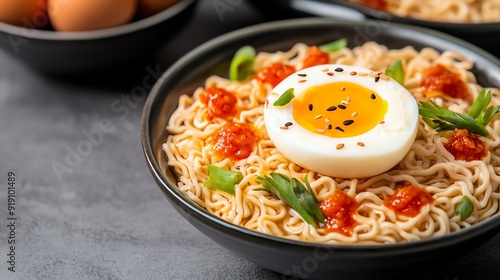 Ramen noodles topped with a softboiled egg photo